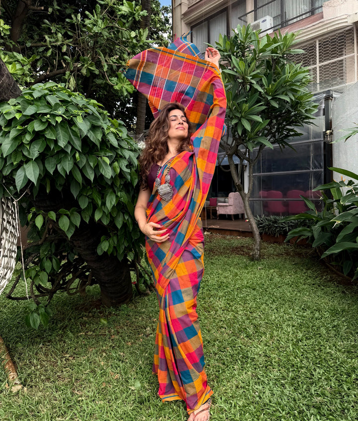 Vibrant Multicolour Madras Checkered Mul Cotton Saree with Tassels & Attached Blouse Piece