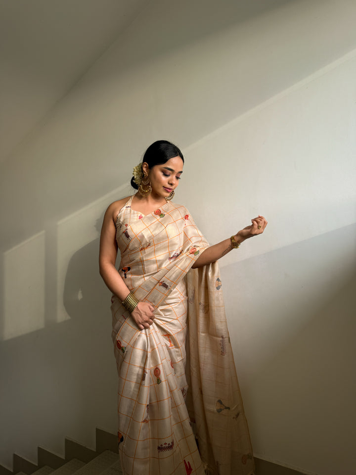 Erode Cotton Silk Shimmery Saree with Zari Weaving, Printed Motifs & Tassel Edges