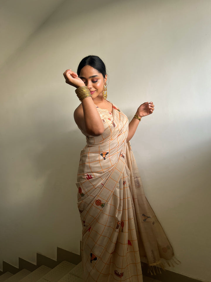 Erode Cotton Silk Shimmery Saree with Zari Weaving, Printed Motifs & Tassel Edges
