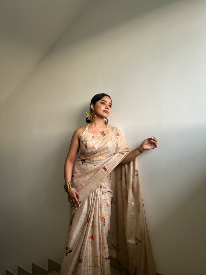 Erode Cotton Silk Shimmery Saree with Zari Weaving, Printed Motifs & Tassel Edges