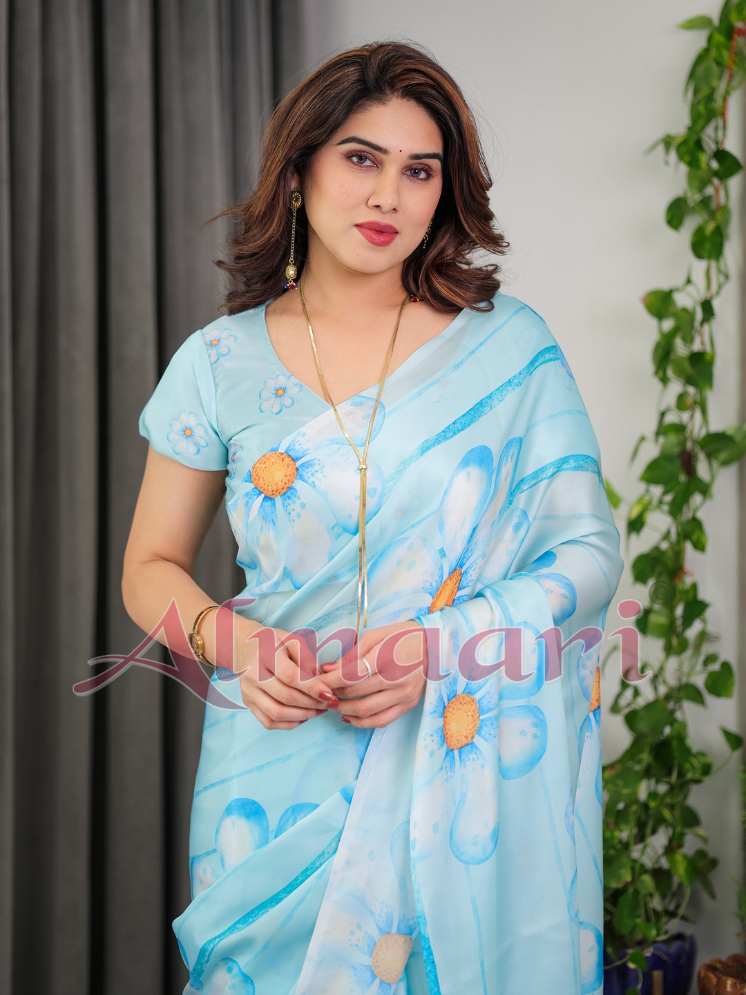 Sky Blue Satin Georgette Floral Printed Saree with Attached Blouse – Lightweight Designer Drape for Festive & Everyday Elegance