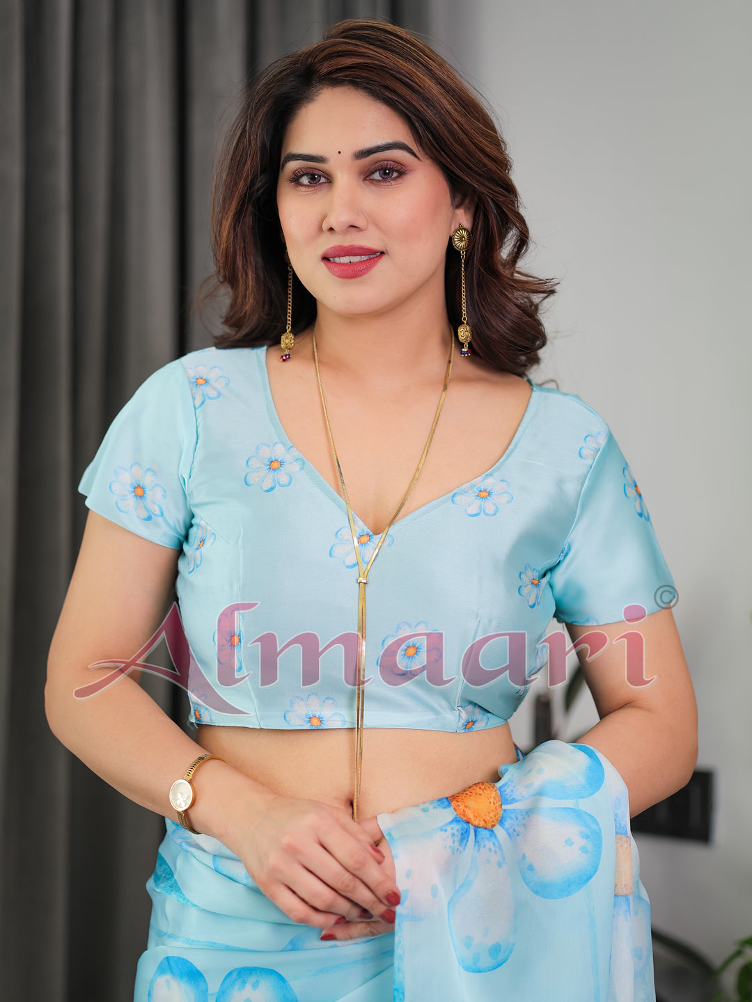 Sky Blue Satin Georgette Floral Printed Saree with Attached Blouse – Lightweight Designer Drape for Festive & Everyday Elegance