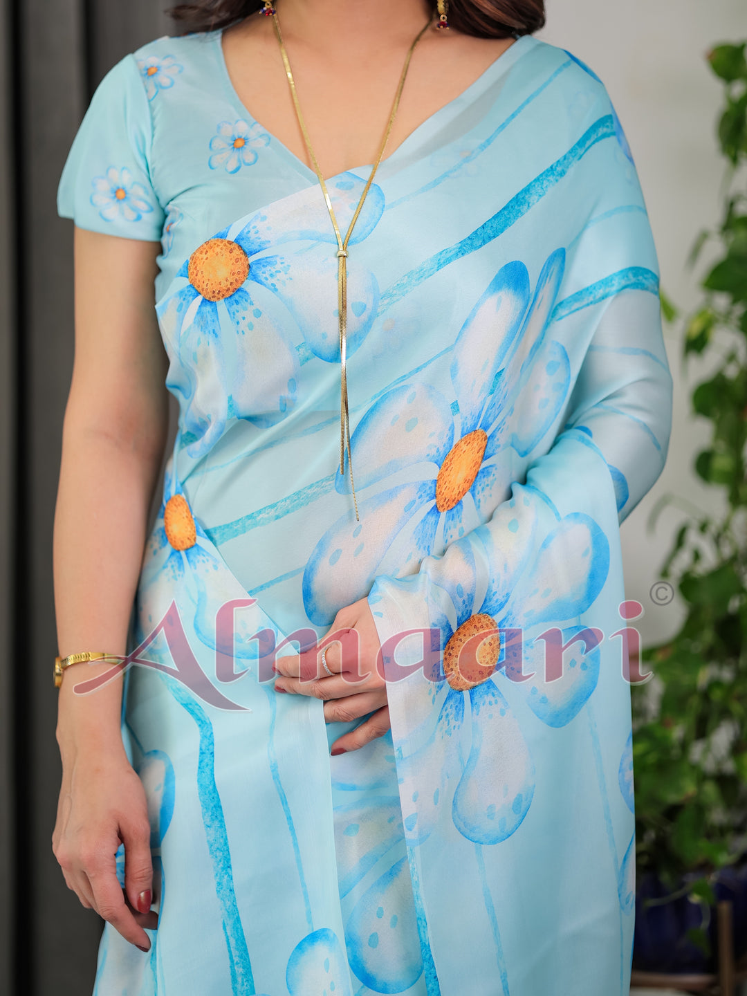 Sky Blue Satin Georgette Floral Printed Saree with Attached Blouse – Lightweight Designer Drape for Festive & Everyday Elegance