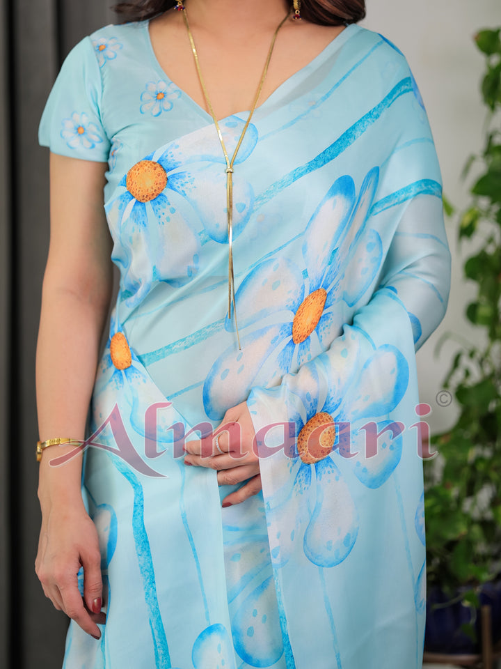 Sky Blue Satin Georgette Floral Printed Saree with Attached Blouse – Lightweight Designer Drape for Festive & Everyday Elegance
