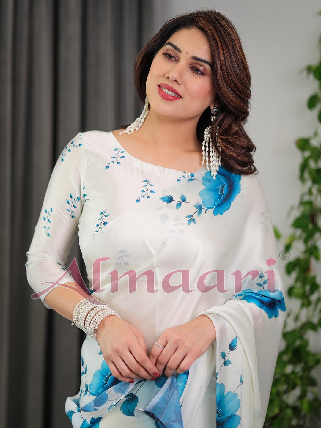 White & Blue Floral Satin Georgette Saree with Watercolour Bloom Print and Designer Back-Tie Blouse