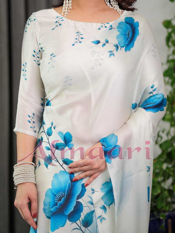 White & Blue Floral Satin Georgette Saree with Watercolour Bloom Print and Designer Back-Tie Blouse