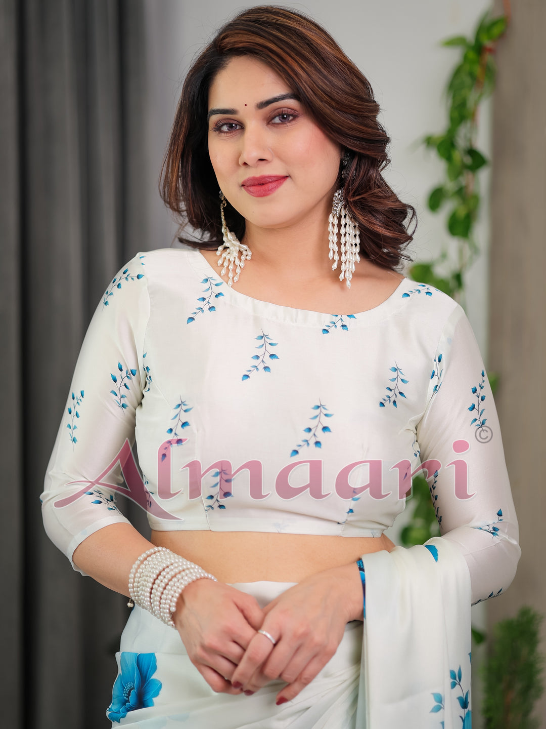 White & Blue Floral Satin Georgette Saree with Watercolour Bloom Print and Designer Back-Tie Blouse