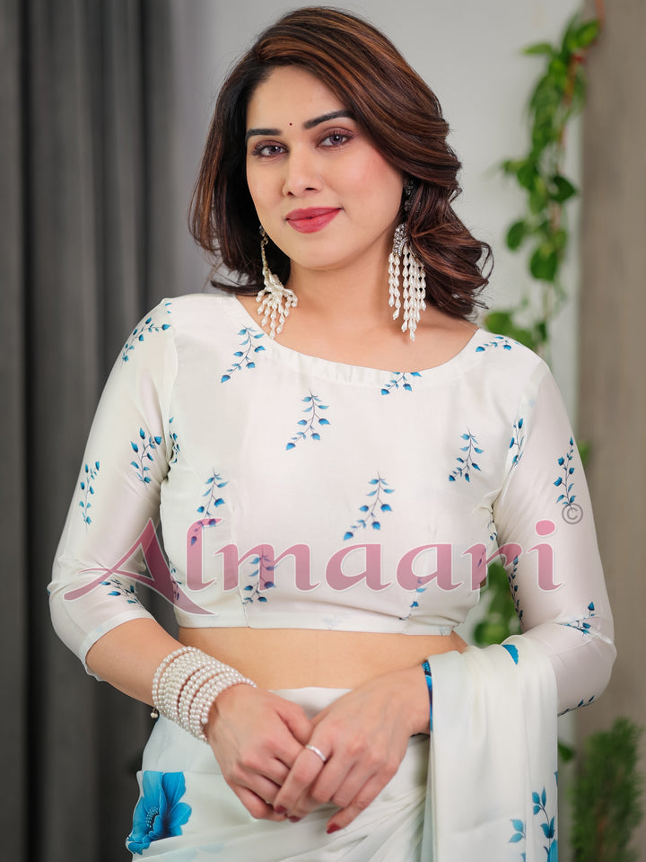 White & Blue Floral Satin Georgette Saree with Watercolour Bloom Print and Designer Back-Tie Blouse