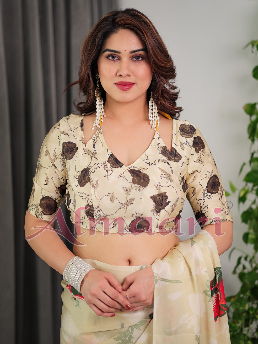 Cream Floral Satin Georgette Saree with Red & Green Artistic Flower Print and Designer Contrast Blouse