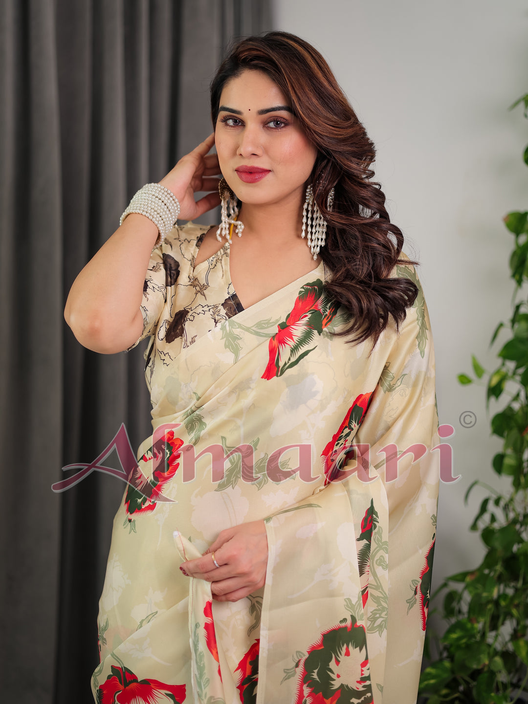Cream Floral Satin Georgette Saree with Red & Green Artistic Flower Print and Designer Contrast Blouse