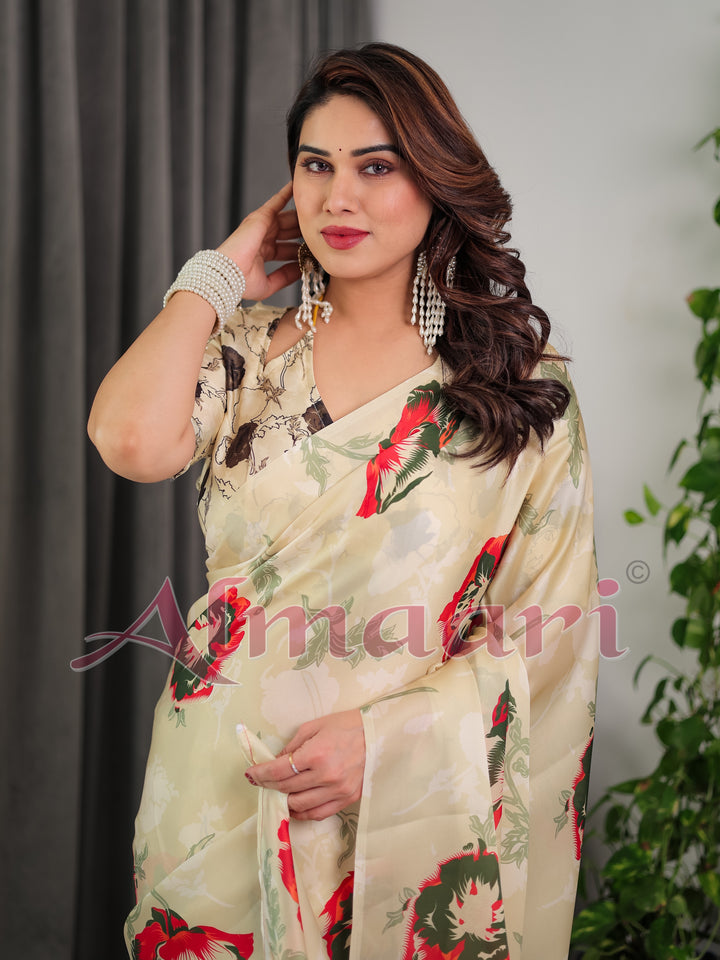 Cream Floral Satin Georgette Saree with Red & Green Artistic Flower Print and Designer Contrast Blouse
