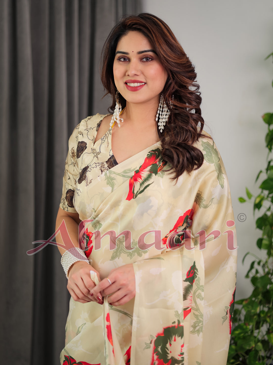Cream Floral Satin Georgette Saree with Red & Green Artistic Flower Print and Designer Contrast Blouse