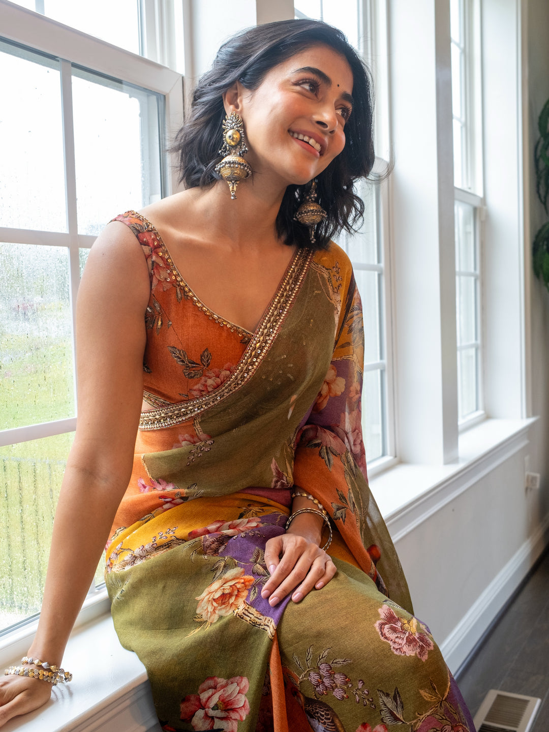 Pooja Hegde Inspired Satin Chiffon Floral Print Saree with Pearl & Sequin Embroidered Border