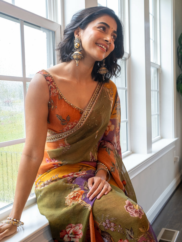 Pooja Hegde Inspired Satin Chiffon Floral Print Saree with Pearl & Sequin Embroidered Border