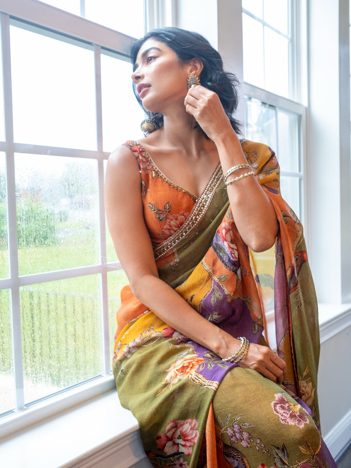 Pooja Hegde Inspired Satin Chiffon Floral Print Saree with Pearl & Sequin Embroidered Border