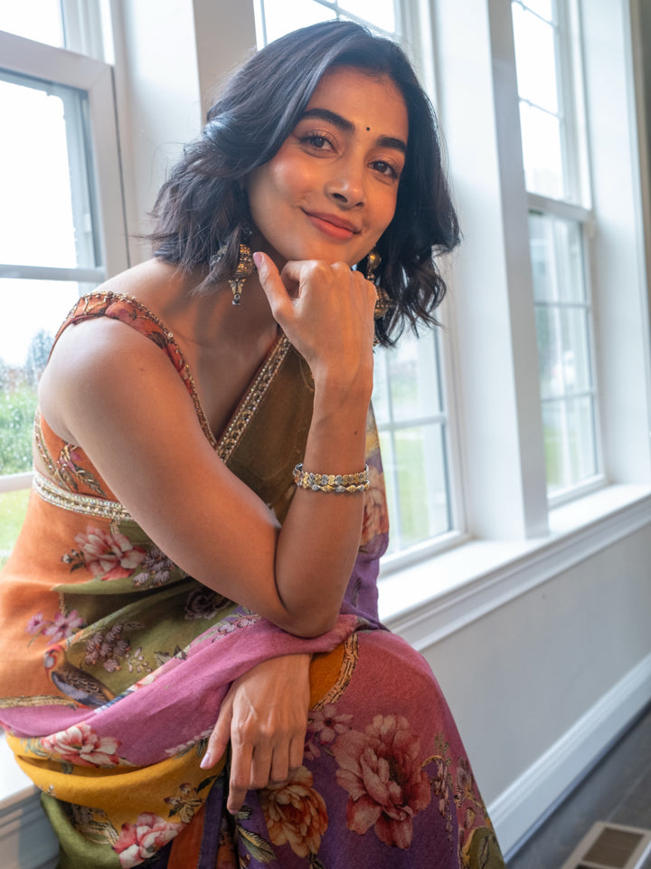 Pooja Hegde Inspired Satin Chiffon Floral Print Saree with Pearl & Sequin Embroidered Border