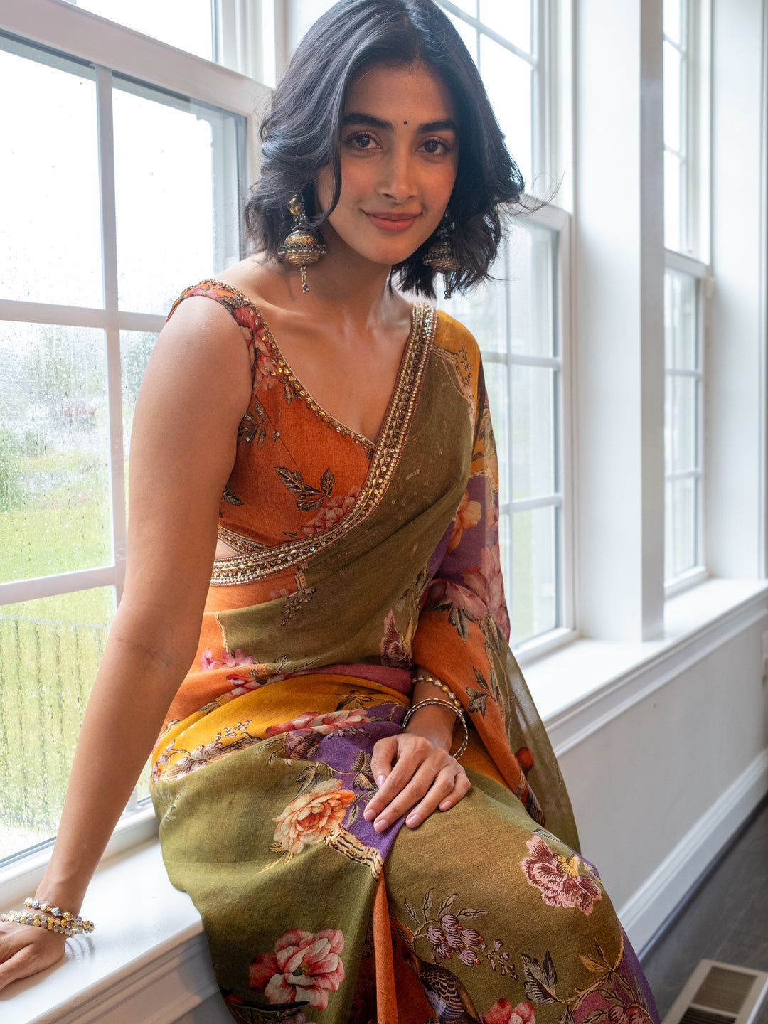 Pooja Hegde Inspired Satin Chiffon Floral Print Saree with Pearl & Sequin Embroidered Border