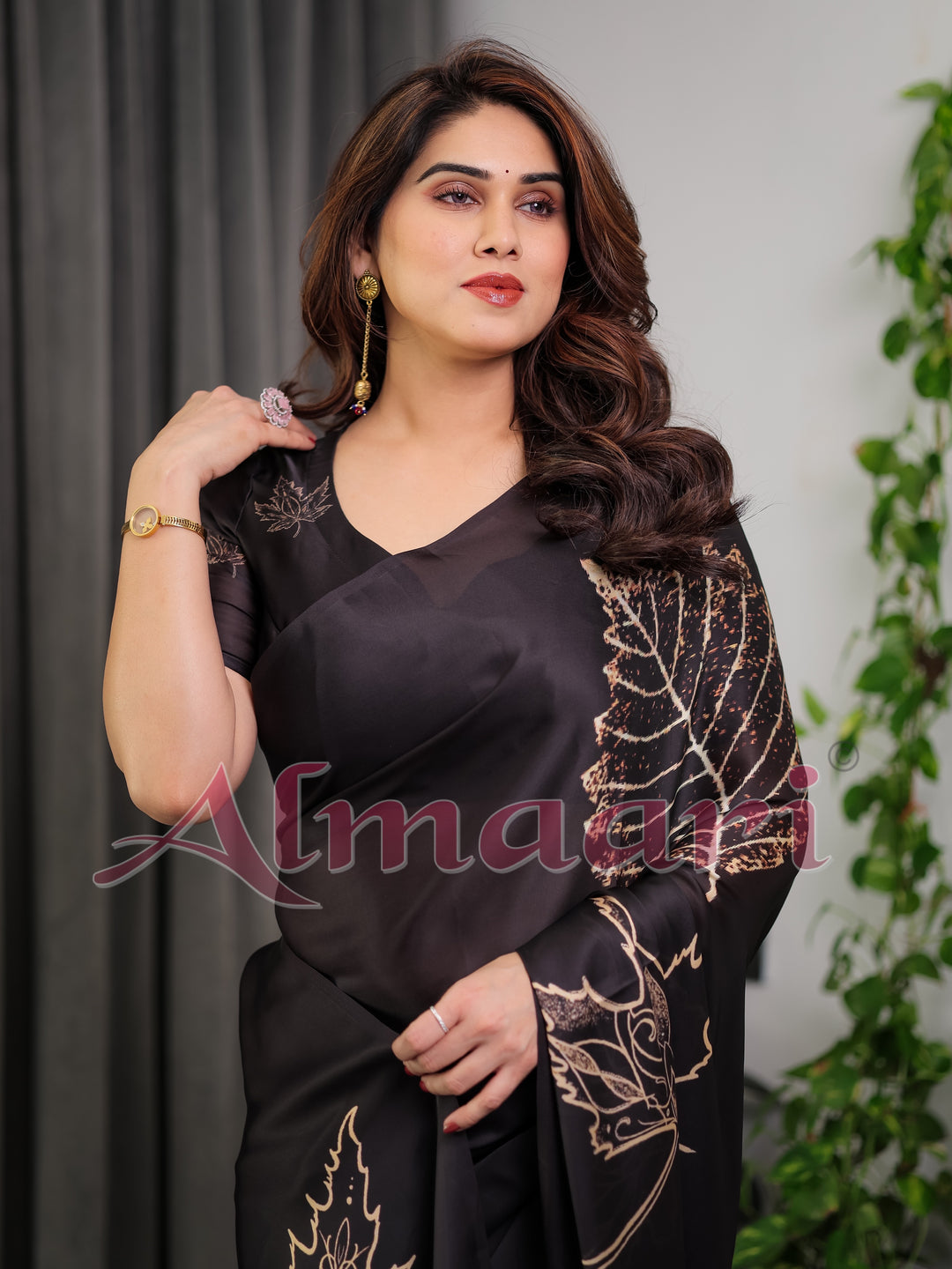 Black Satin Georgette Saree with Gold Leaf Outline Print & Designer Attached Blouse – Elegant Minimal Botanical Saree