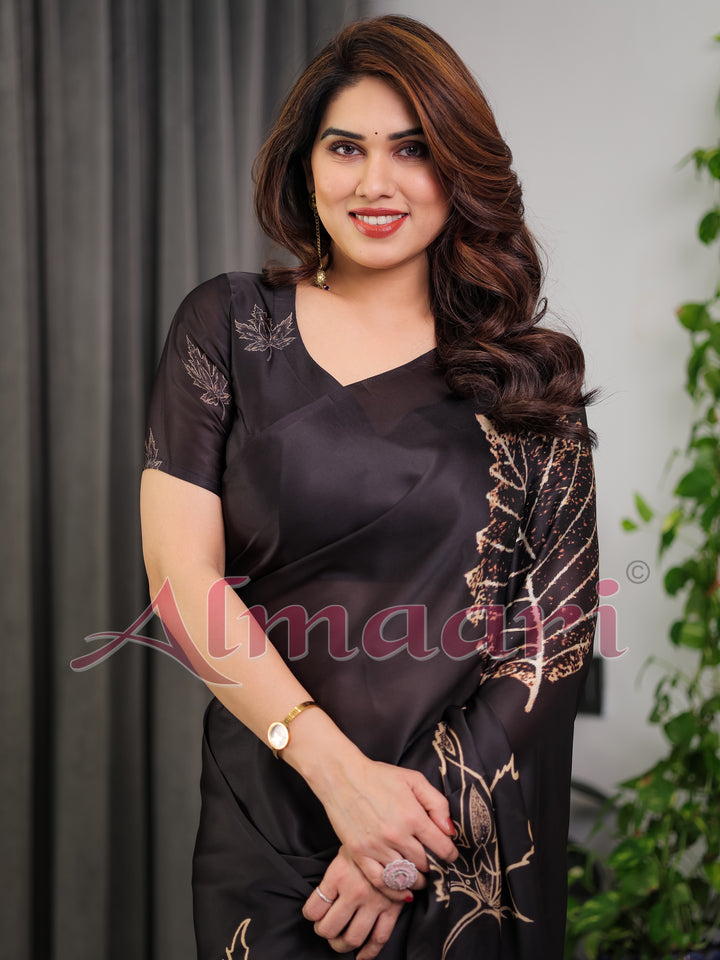 Black Satin Georgette Saree with Gold Leaf Outline Print & Designer Attached Blouse – Elegant Minimal Botanical Saree