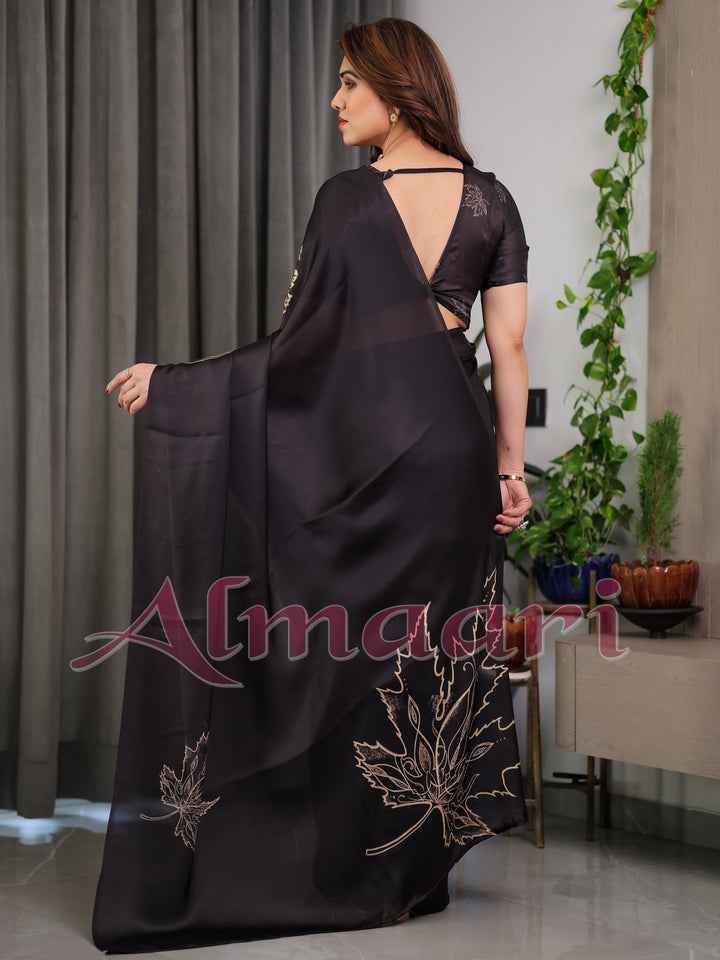 Black Satin Georgette Saree with Gold Leaf Outline Print & Designer Attached Blouse – Elegant Minimal Botanical Saree