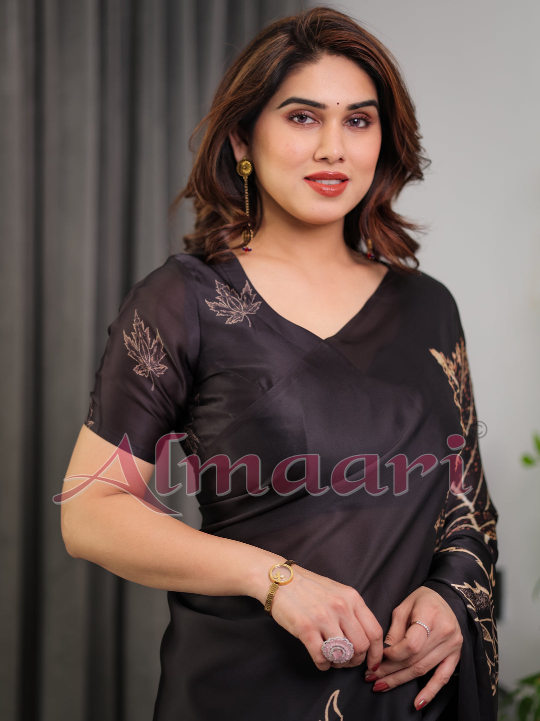 Black Satin Georgette Saree with Gold Leaf Outline Print & Designer Attached Blouse – Elegant Minimal Botanical Saree