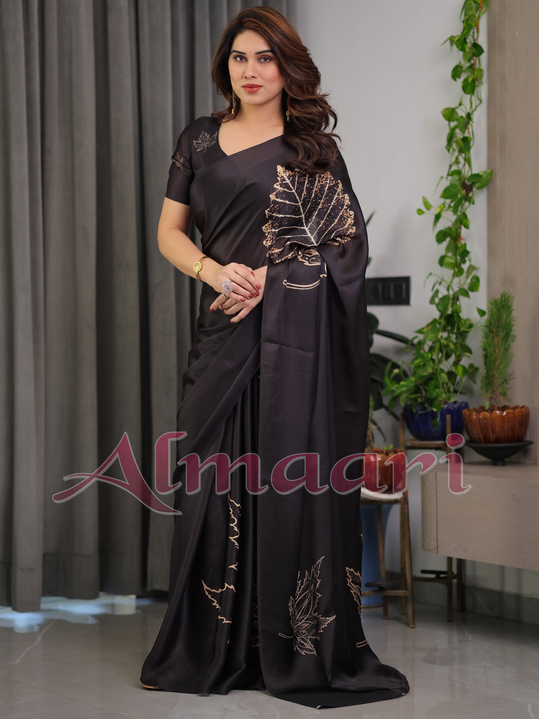 Black Satin Georgette Saree with Gold Leaf Outline Print & Designer Attached Blouse – Elegant Minimal Botanical Saree