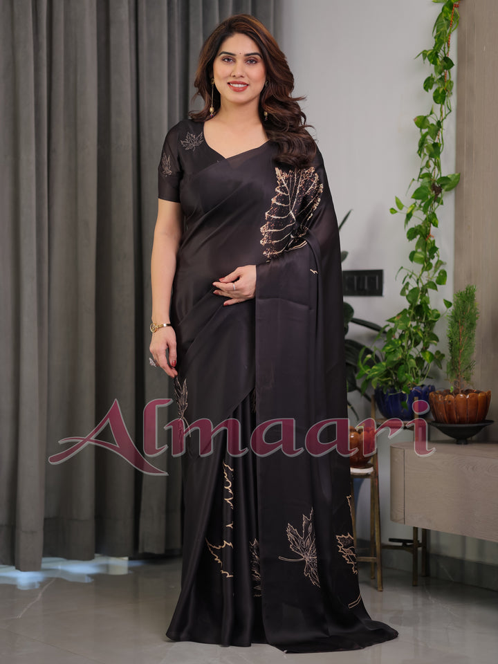 Black Satin Georgette Saree with Gold Leaf Outline Print & Designer Attached Blouse – Elegant Minimal Botanical Saree