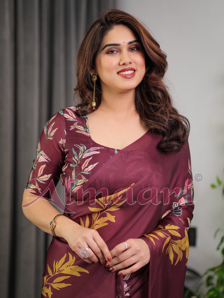 Maroon Floral Satin Georgette Saree with Mustard Leaf Print & Designer Attached Blouse – Soft Elegant Draping Saree