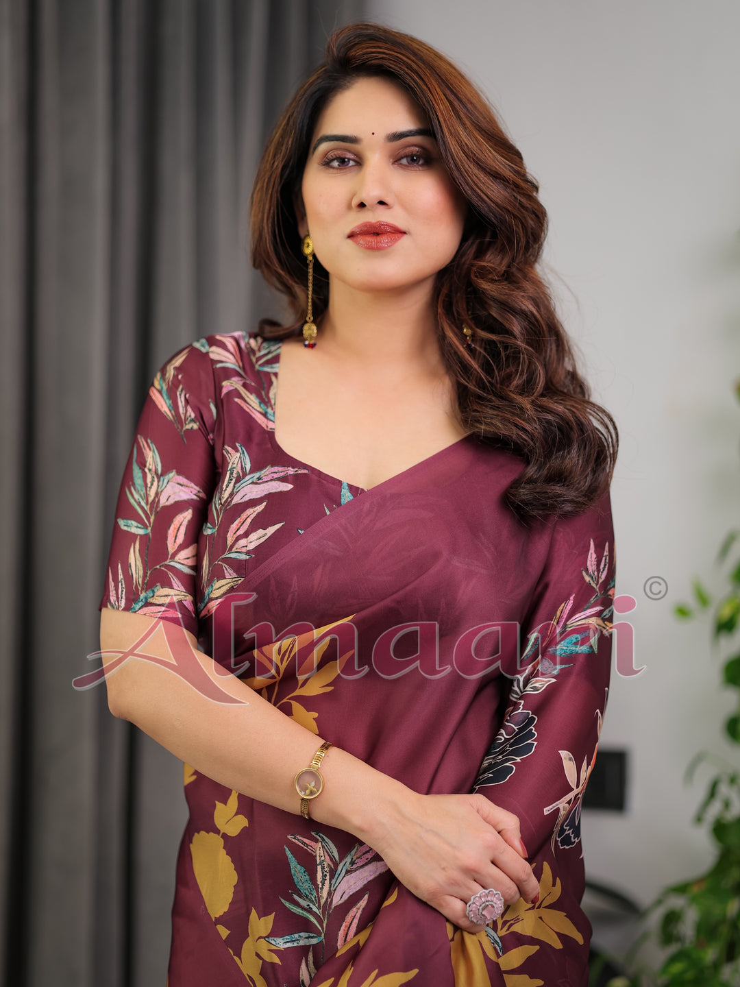 Maroon Floral Satin Georgette Saree with Mustard Leaf Print & Designer Attached Blouse – Soft Elegant Draping Saree