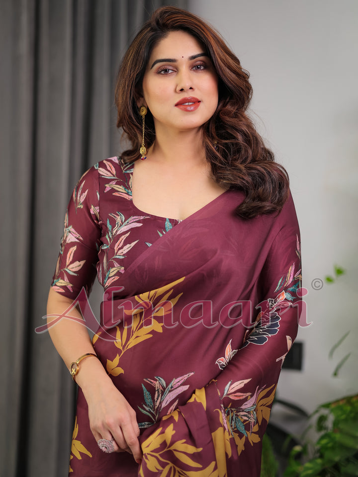 Maroon Floral Satin Georgette Saree with Mustard Leaf Print & Designer Attached Blouse – Soft Elegant Draping Saree