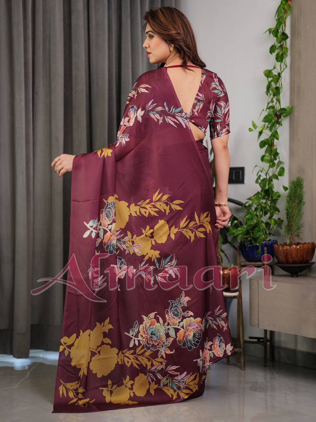 Maroon Floral Satin Georgette Saree with Mustard Leaf Print & Designer Attached Blouse – Soft Elegant Draping Saree