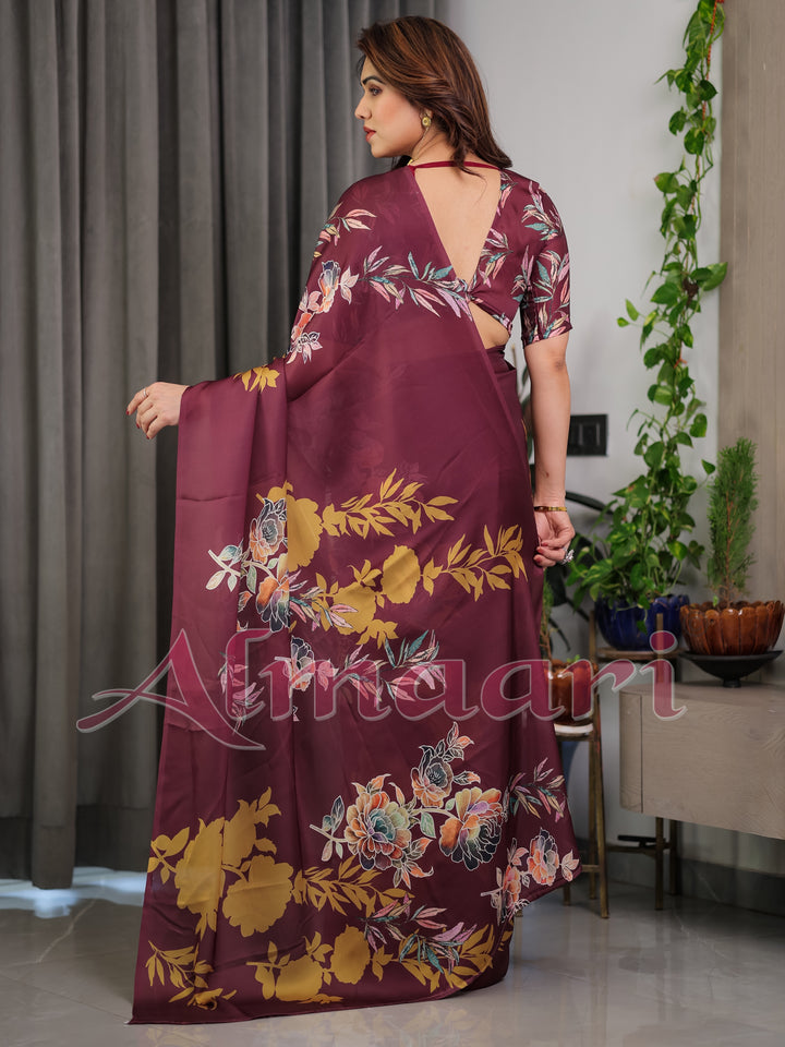 Maroon Floral Satin Georgette Saree with Mustard Leaf Print & Designer Attached Blouse – Soft Elegant Draping Saree