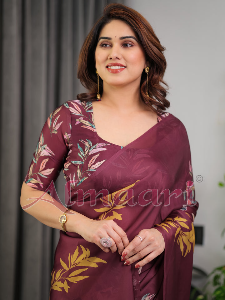 Maroon Floral Satin Georgette Saree with Mustard Leaf Print & Designer Attached Blouse – Soft Elegant Draping Saree