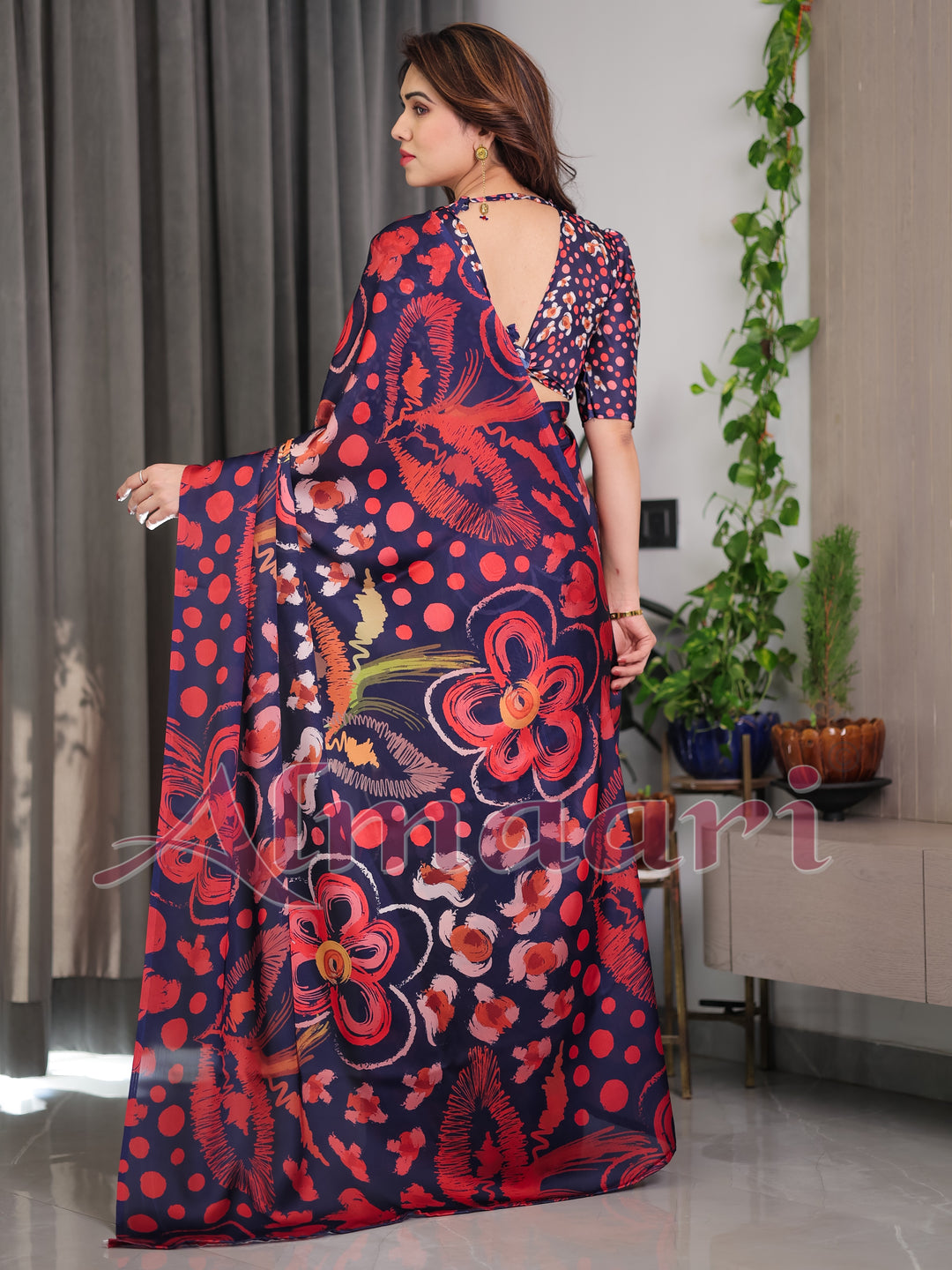 Navy Blue Abstract Floral & Polka Print Satin Georgette Saree with Red Brushstroke Motifs & Designer Attached Blouse