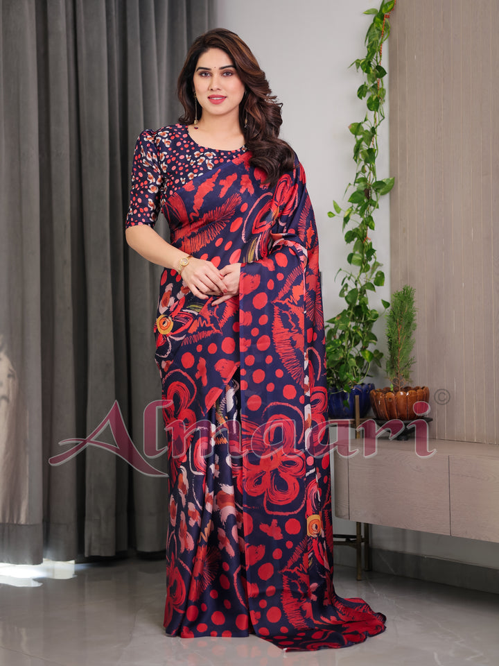 Navy Blue Abstract Floral & Polka Print Satin Georgette Saree with Red Brushstroke Motifs & Designer Attached Blouse