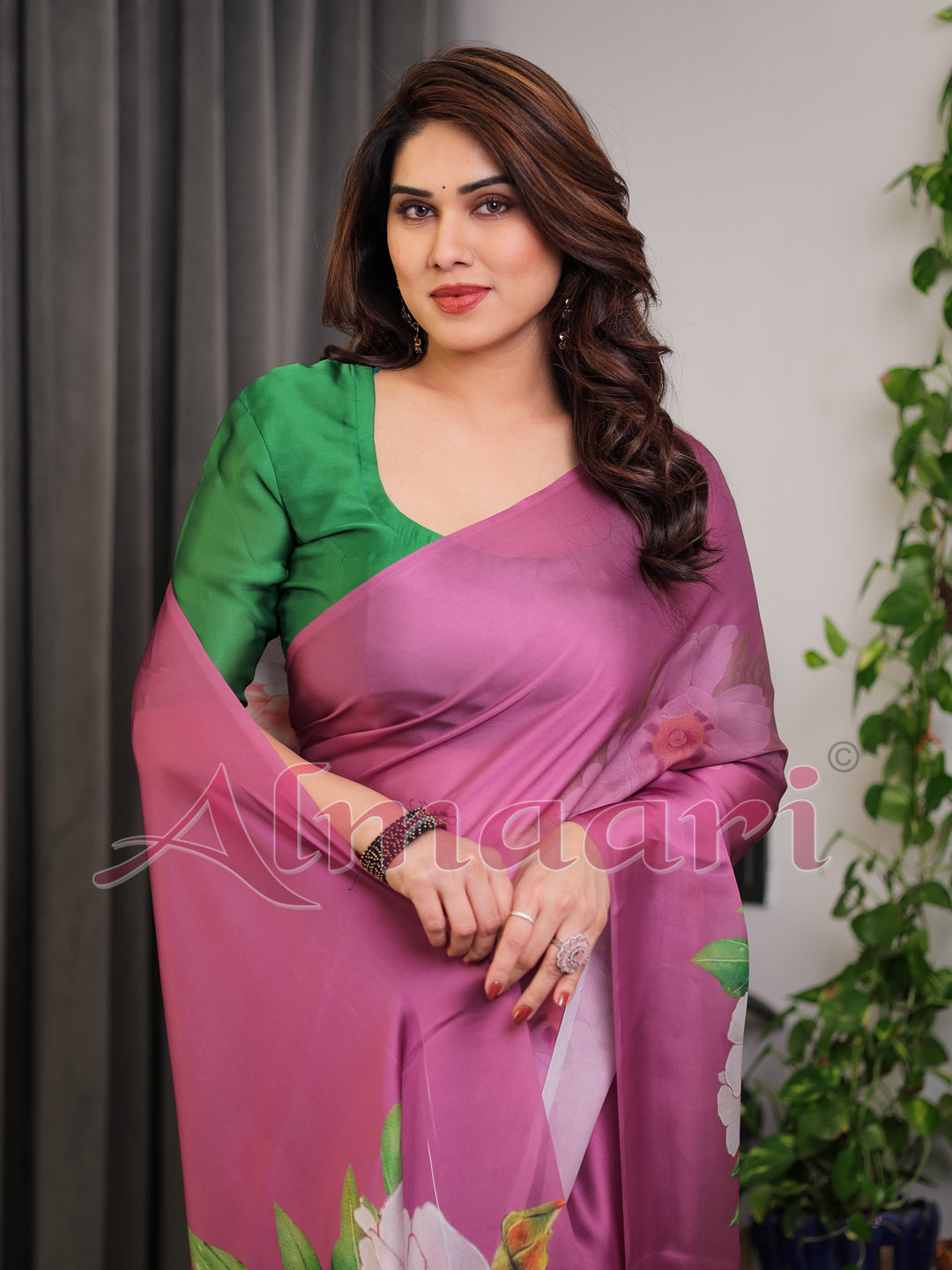 Pink Satin Georgette Saree with Bold Floral Prints & Matching Attached Blouse – Festive & Partywear Elegance