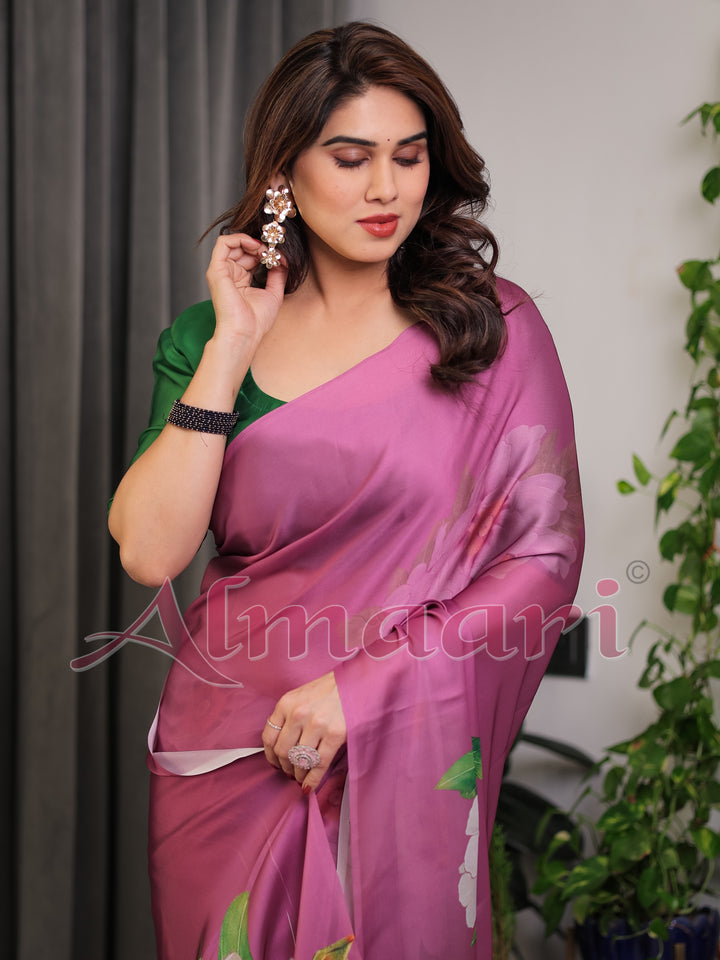 Pink Satin Georgette Saree with Bold Floral Prints & Matching Attached Blouse – Festive & Partywear Elegance