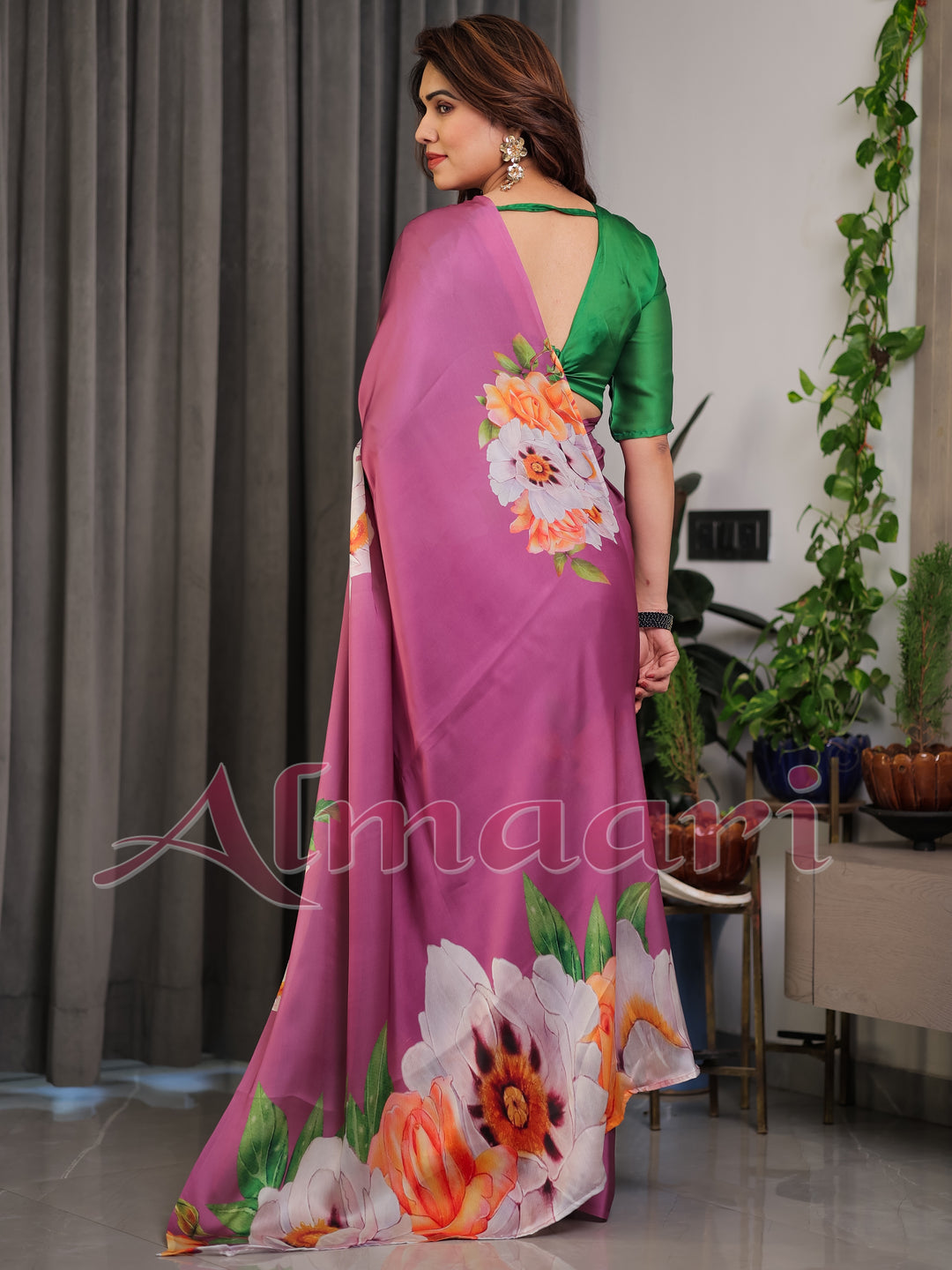 Pink Satin Georgette Saree with Bold Floral Prints & Matching Attached Blouse – Festive & Partywear Elegance