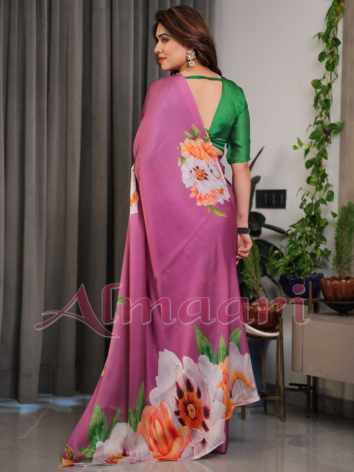 Pink Satin Georgette Saree with Bold Floral Prints & Matching Attached Blouse – Festive & Partywear Elegance