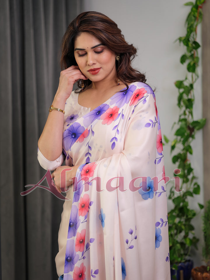 Cream Satin Georgette Multicolor Floral Printed Saree with Attached Blouse – Soft Pastel Designer Saree for Festive & Elegant Wear