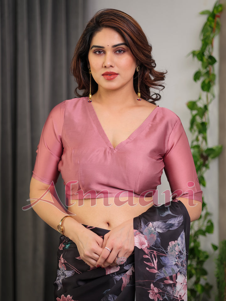 Black Satin Georgette Floral Printed Saree with Attached Blouse – Elegant Soft-Flow Designer Saree in Mauve Pink Florals
