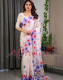 Cream Satin Georgette Multicolor Floral Printed Saree with Attached Blouse – Soft Pastel Designer Saree for Festive & Elegant Wear