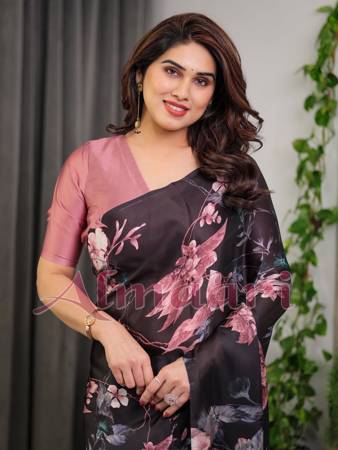 Black Satin Georgette Floral Printed Saree with Attached Blouse – Elegant Soft-Flow Designer Saree in Mauve Pink Florals
