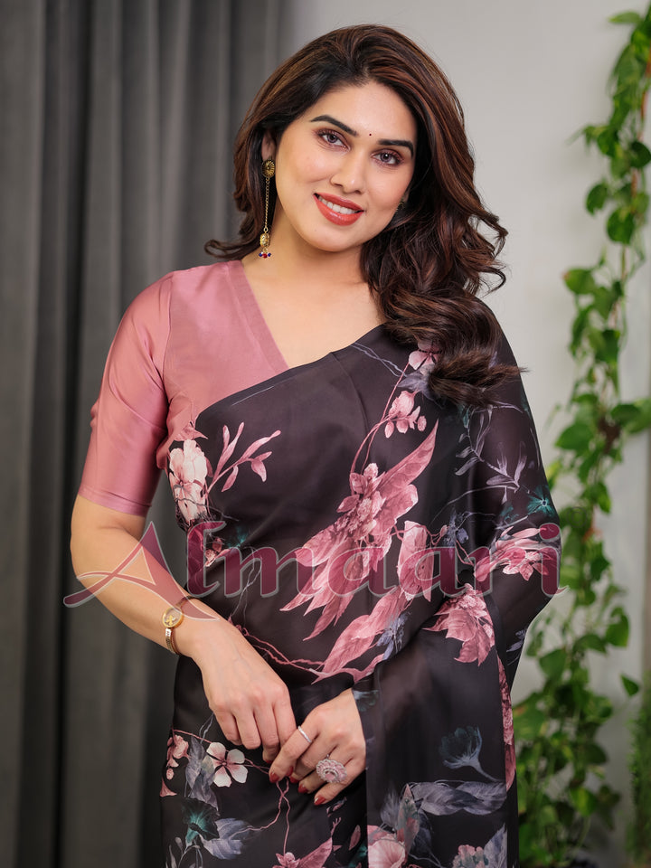 Black Satin Georgette Floral Printed Saree with Attached Blouse – Elegant Soft-Flow Designer Saree in Mauve Pink Florals