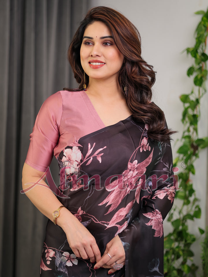 Black Satin Georgette Floral Printed Saree with Attached Blouse – Elegant Soft-Flow Designer Saree in Mauve Pink Florals