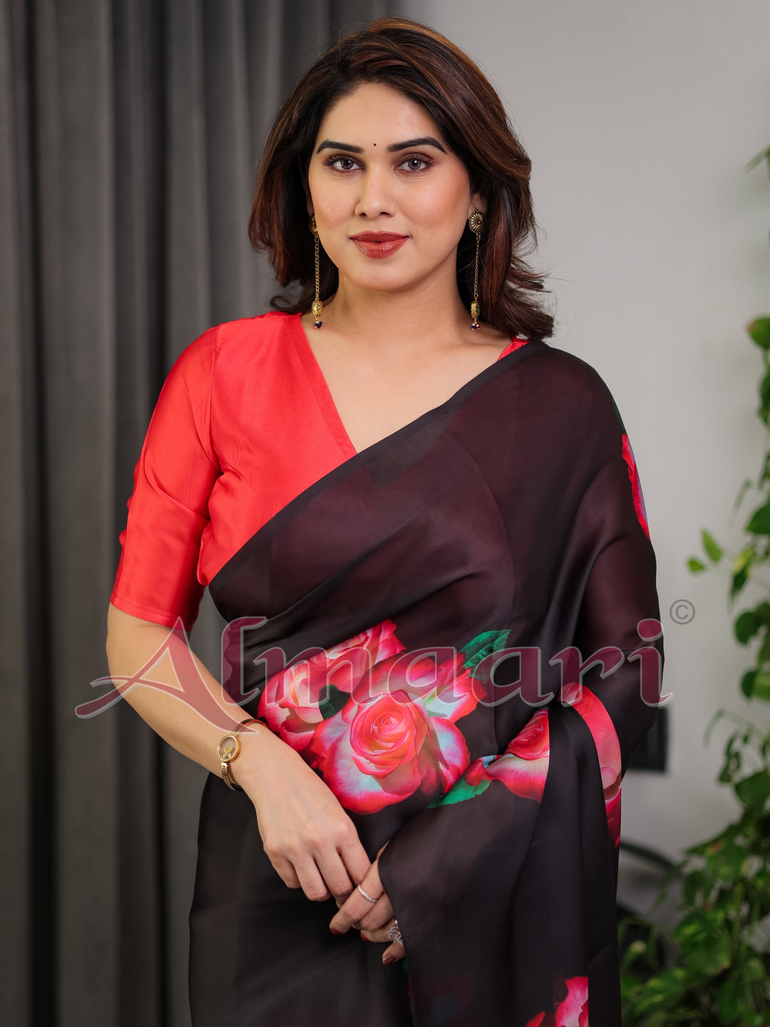 Black Satin Georgette Rose Printed Saree with Attached Blouse – Elegant Partywear Designer Saree with Red Floral Artwork