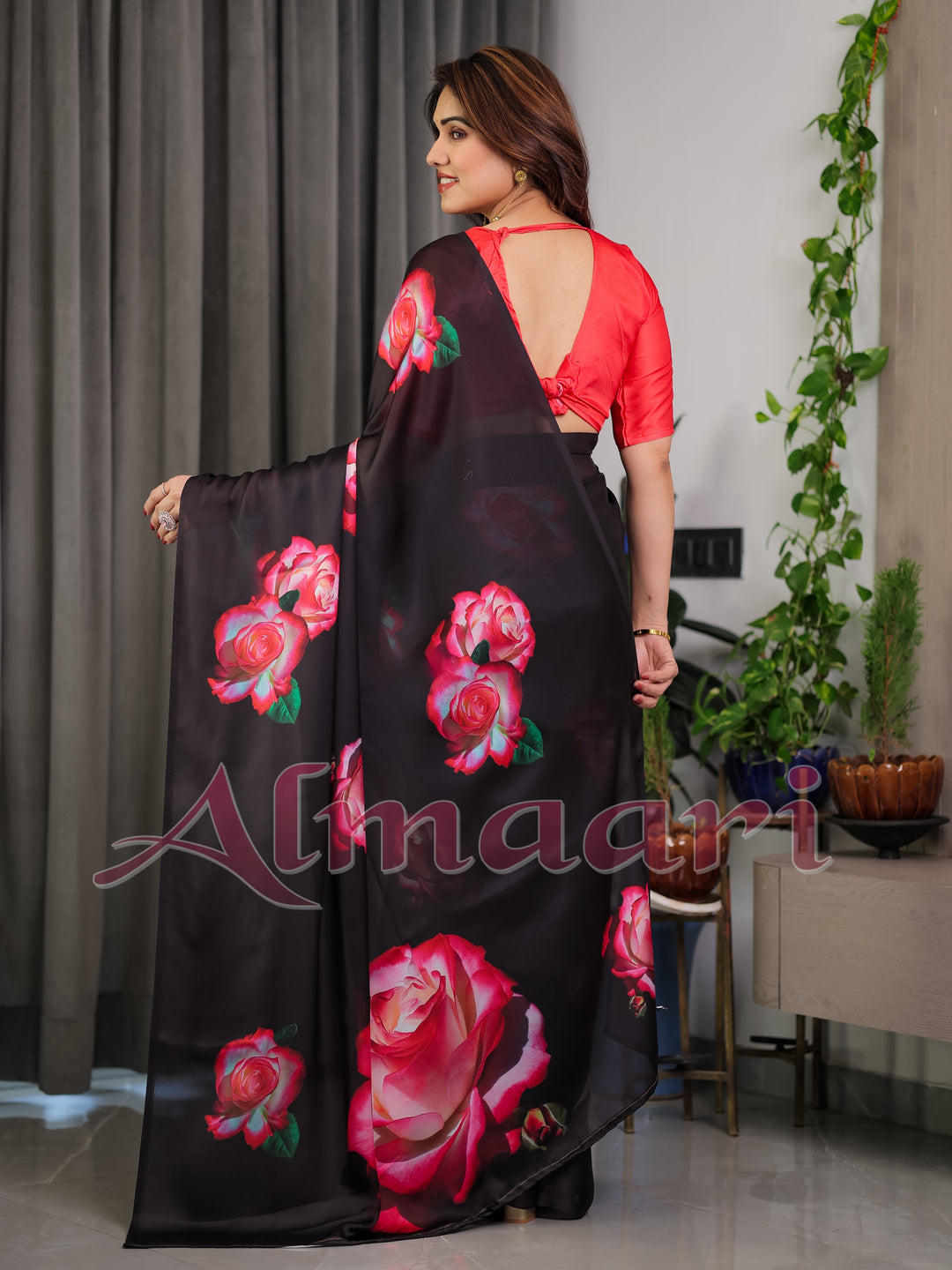 Black Satin Georgette Rose Printed Saree with Attached Blouse – Elegant Partywear Designer Saree with Red Floral Artwork