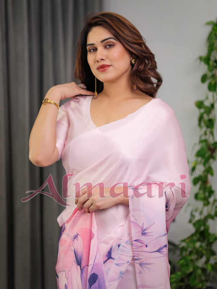 Pastel Pink Satin Georgette Floral Printed Saree with Attached Blouse – Soft Ombre Designer Saree with Purple Bloom Artwork