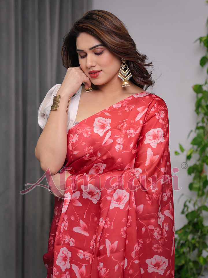 Red Satin Georgette Floral Printed Saree with Attached Blouse – Elegant Soft-Flow Designer Saree for Parties & Festive Wear