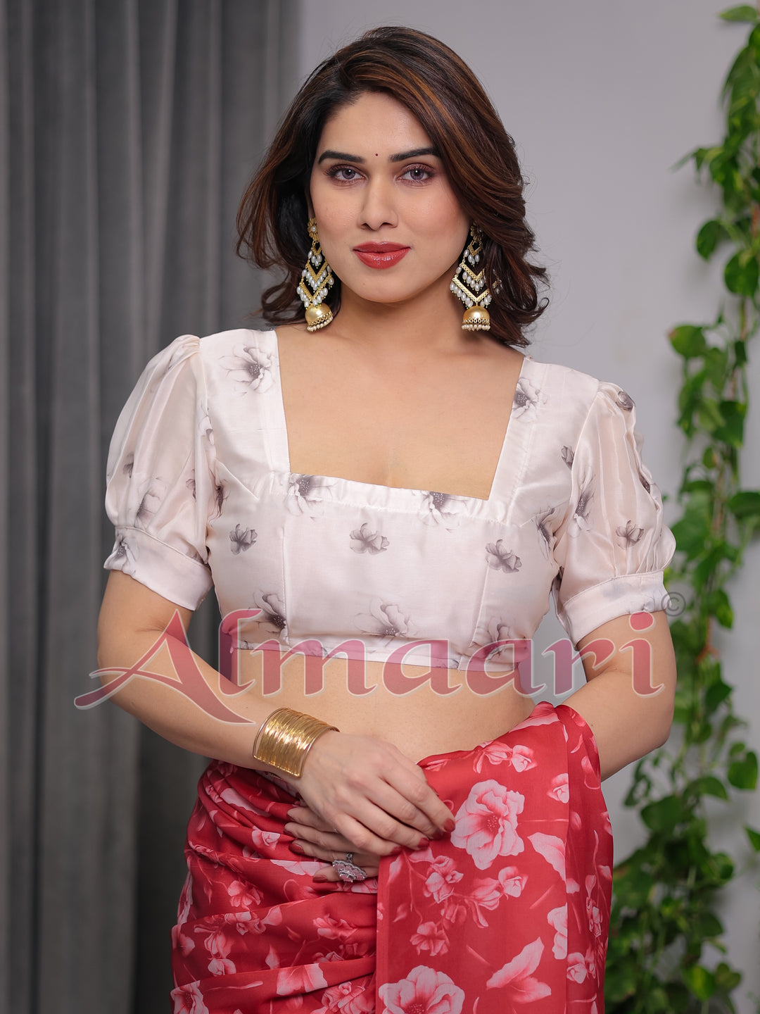 Red Satin Georgette Floral Printed Saree with Attached Blouse – Elegant Soft-Flow Designer Saree for Parties & Festive Wear